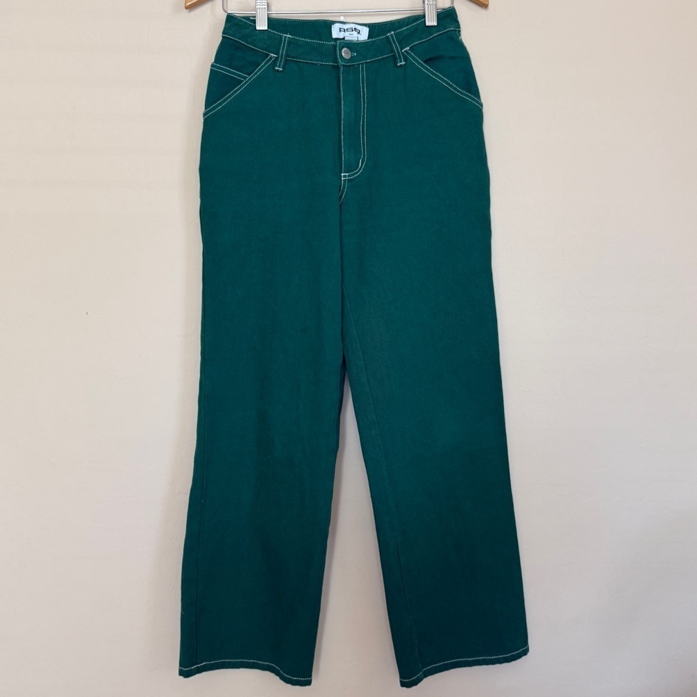 Tilly’s RSQ High Rise Wide Leg Carpenter Painter Jeans Kelly Green Spring - Picture 2 of 6